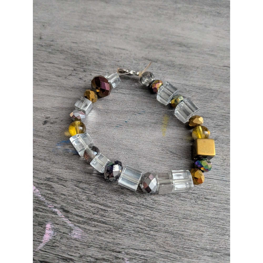 Women Beaded Bracelet Clear Cube Amber Bronze Metallic Geometric Handcrafted